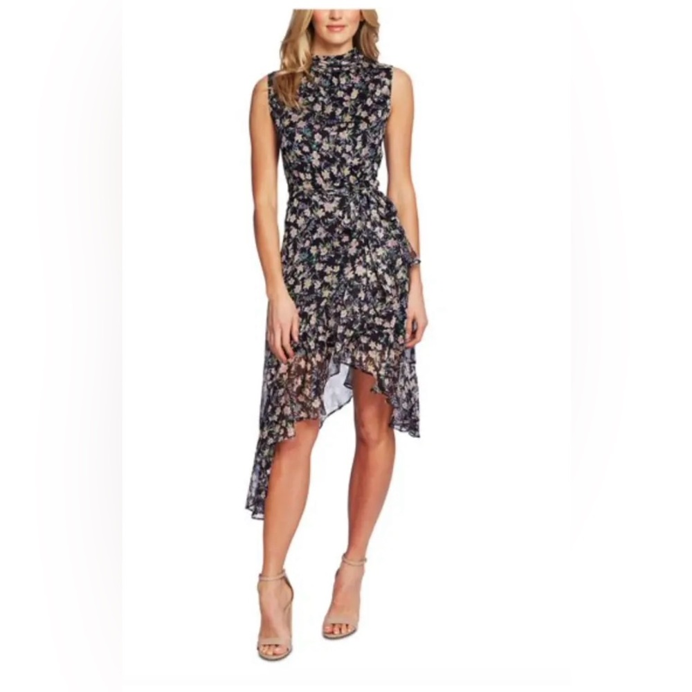 CeCe Navy & Floral Asymmetrical Cascading Hem Chiffon Midi Dress Size 10